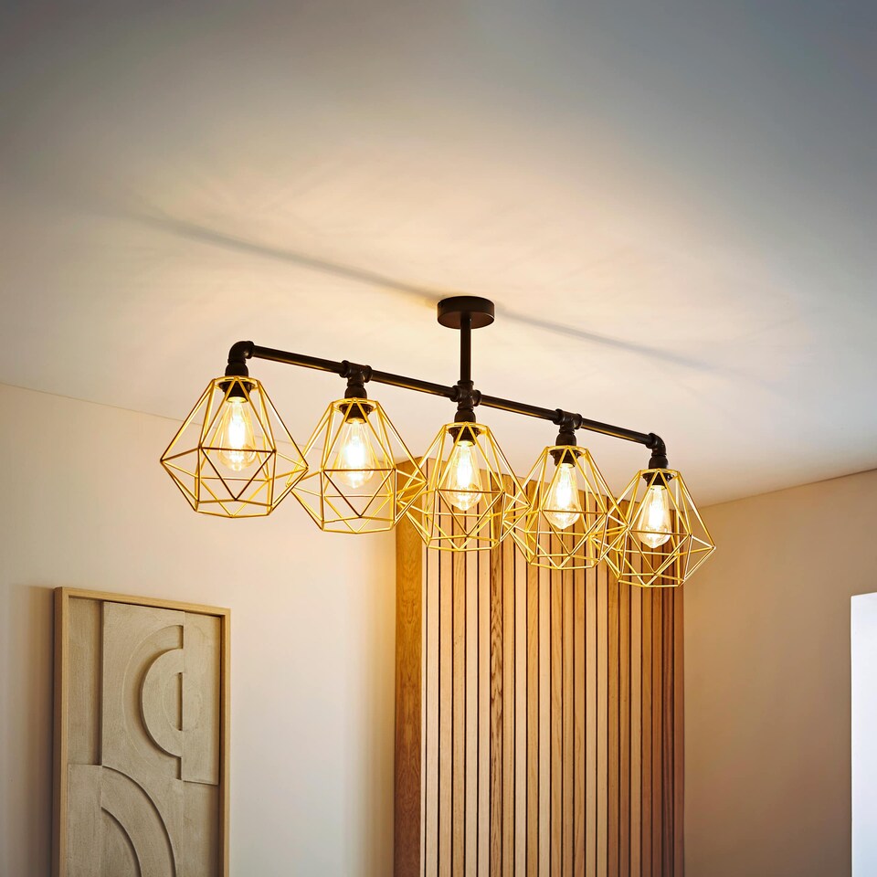 image 1 of ValueLights Luiggi 5 Way Black Ceiling Bar Diablo Gold Wire Shades and Bulbs