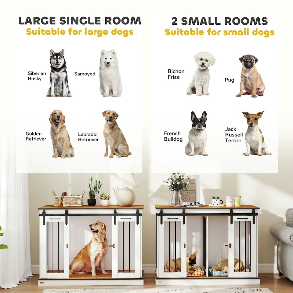 image 1 of PawHut Dog Crate Furniture for Large Dogs, Double Dog Cage for Small Dogs, White