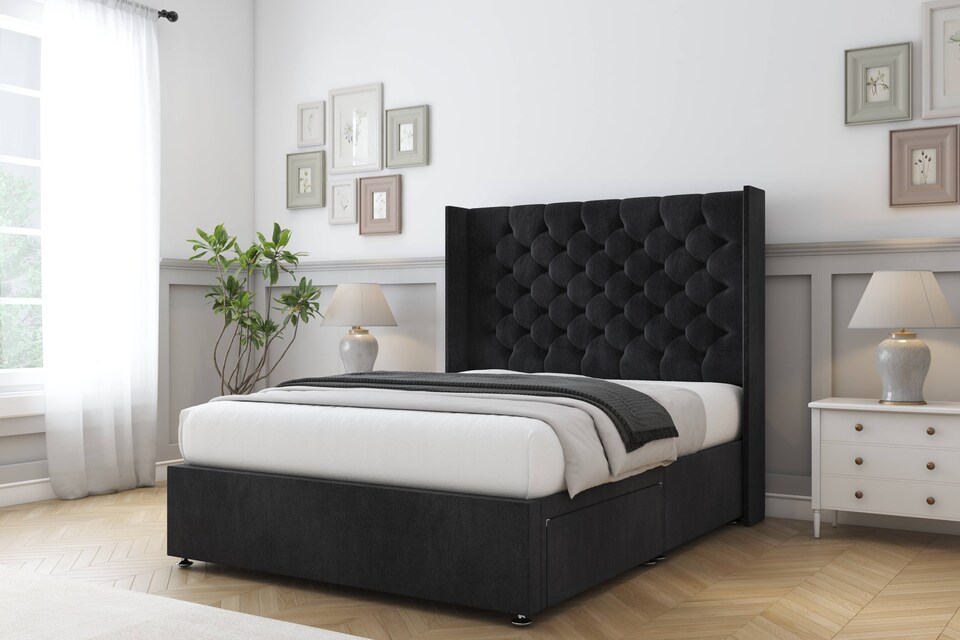 image 1 of Sloomy Dior Black Naples Divan Bed Base No Drawers With 54 Inch Wingback Headboard | Black | Black | Double | 1