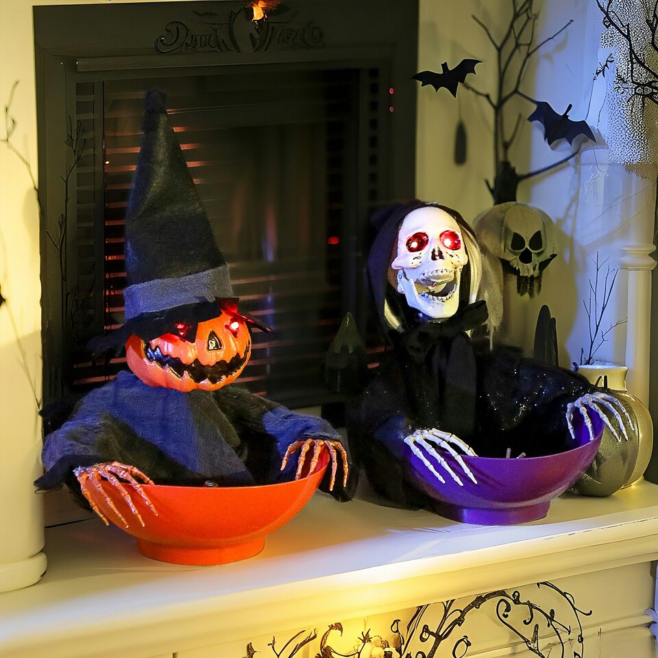 image 1 of Outsunny Animated Halloween Skeleton Candy Dish for Party Decoration