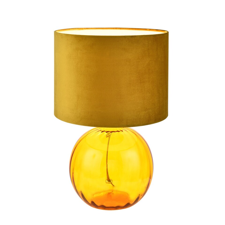 image 1 of Contemporary Ochre Ribbed Glass Table Lamp with Soft Velvet Mustard Shade | Yellow | Ochre | 1