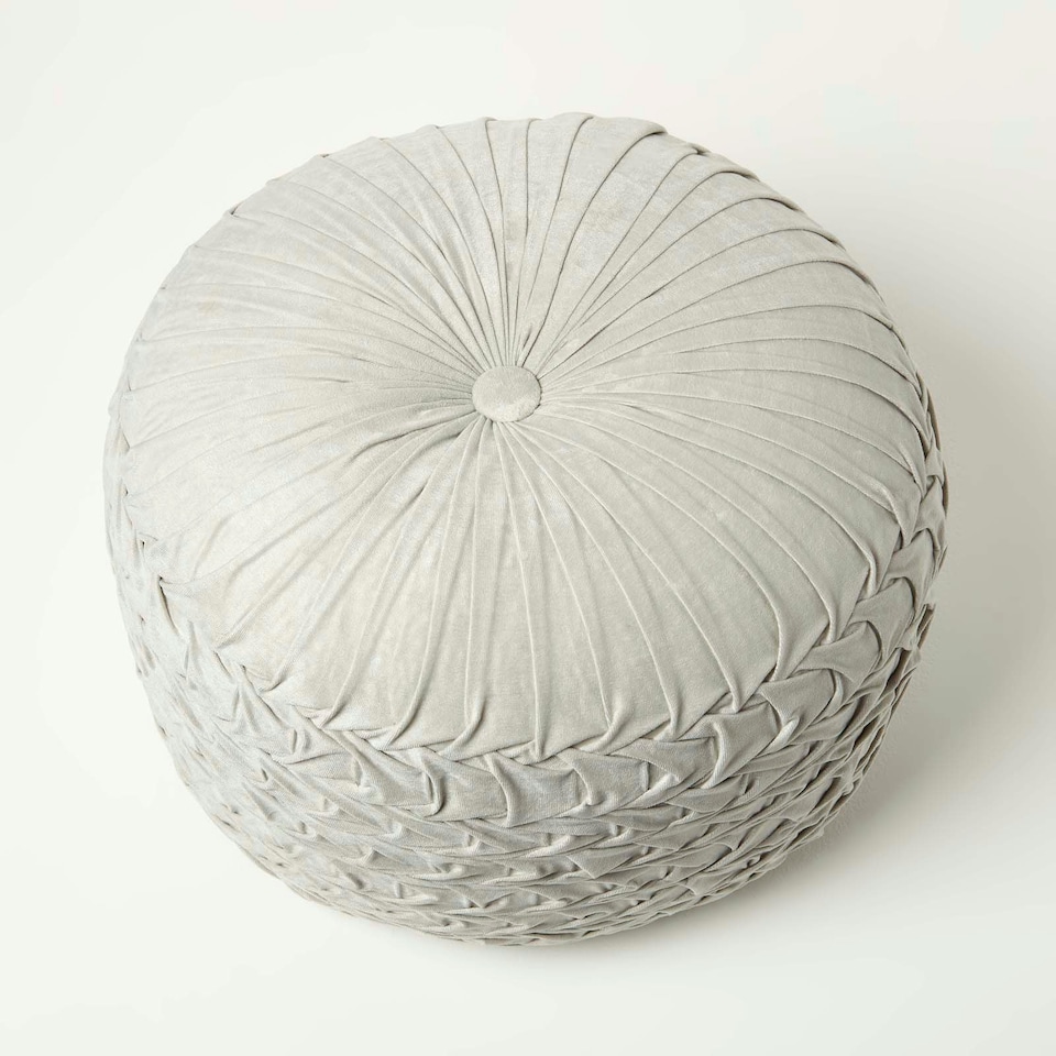 image 1 of Homescapes Grace Pleated Velvet Grey Pouffe