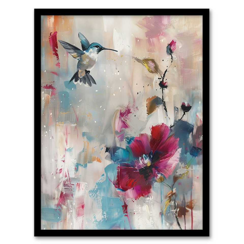 image 1 of Hummingbird Zinnia Flower Blooms Oil Living Room Black Framed Wall Art Print A4