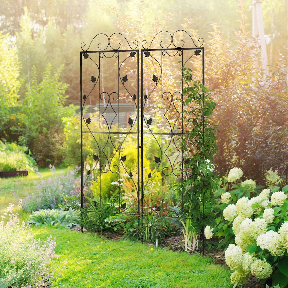 image 1 of Outsunny Set of 2 Metal Trellis for Climbing Plants, Leaf Design, 50 x 181cm