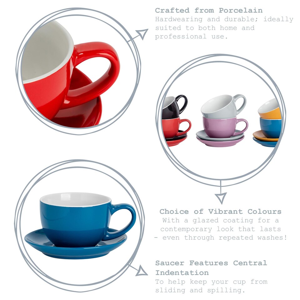 image 1 of Argon Tableware 12 Piece Coloured Cappuccino Cup & Saucer Set - 250ml - Yellow