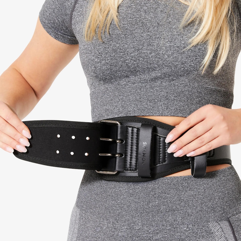 image 1 of Decathlon Durable Leather Weight Training Lumbar Belt - Black