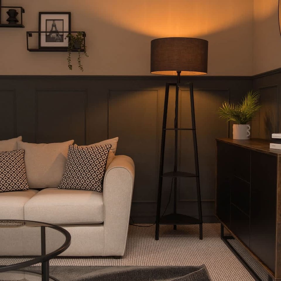 image 1 of ValueLights Hiru Black 3 Tier Shelf Floor Lamp With Charcoal Shade | Grey