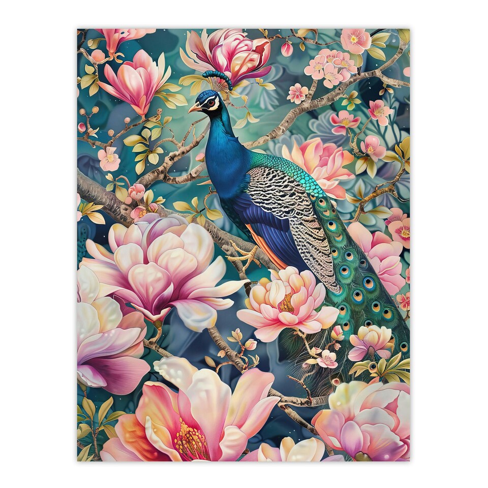 image 1 of Peacock ird Cherry Blossom Flower Tree Home Decor Black Framed Wall Art Print A4