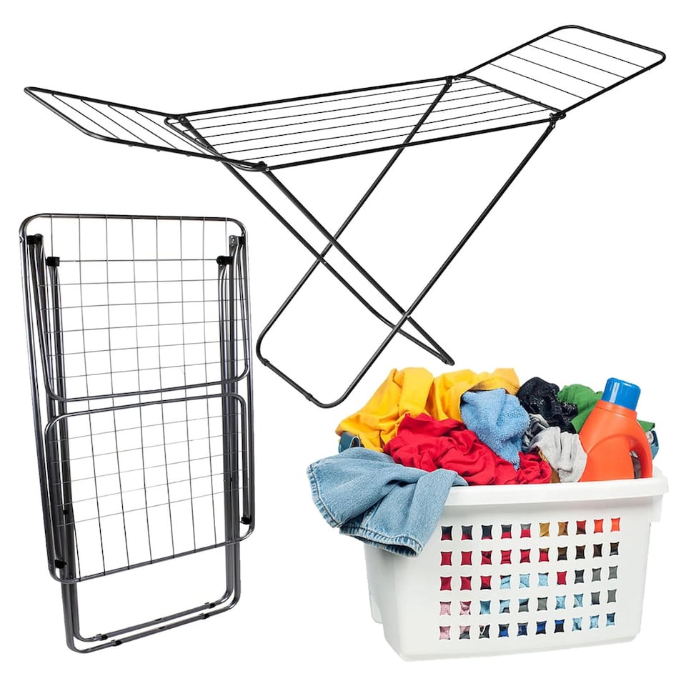 image 1 of Black Clothes Airer Metal Foldable Clothes Drying Rack With Winged Stand For Indoor & Outdoor Use