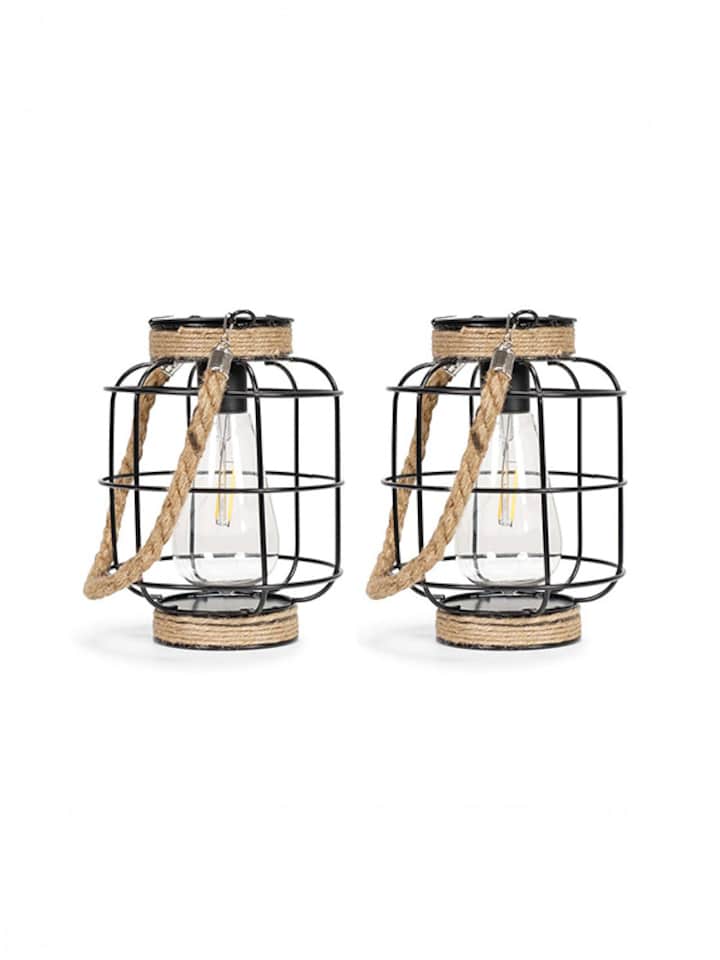 image 1 of ValueLights 2 pack of Solar Power Lantern with Hemp Rope Handle | Black