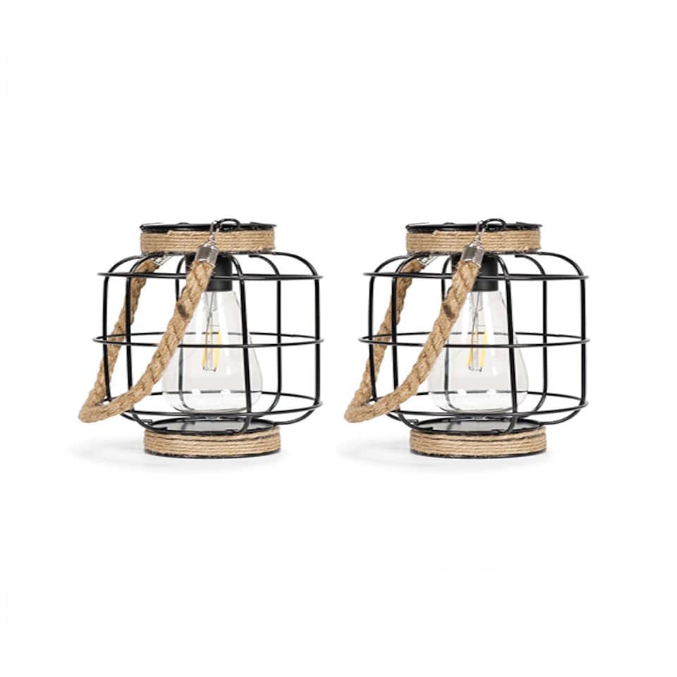 image 1 of ValueLights 2 pack of Solar powered Lantern cage with Hemp Rope Handle