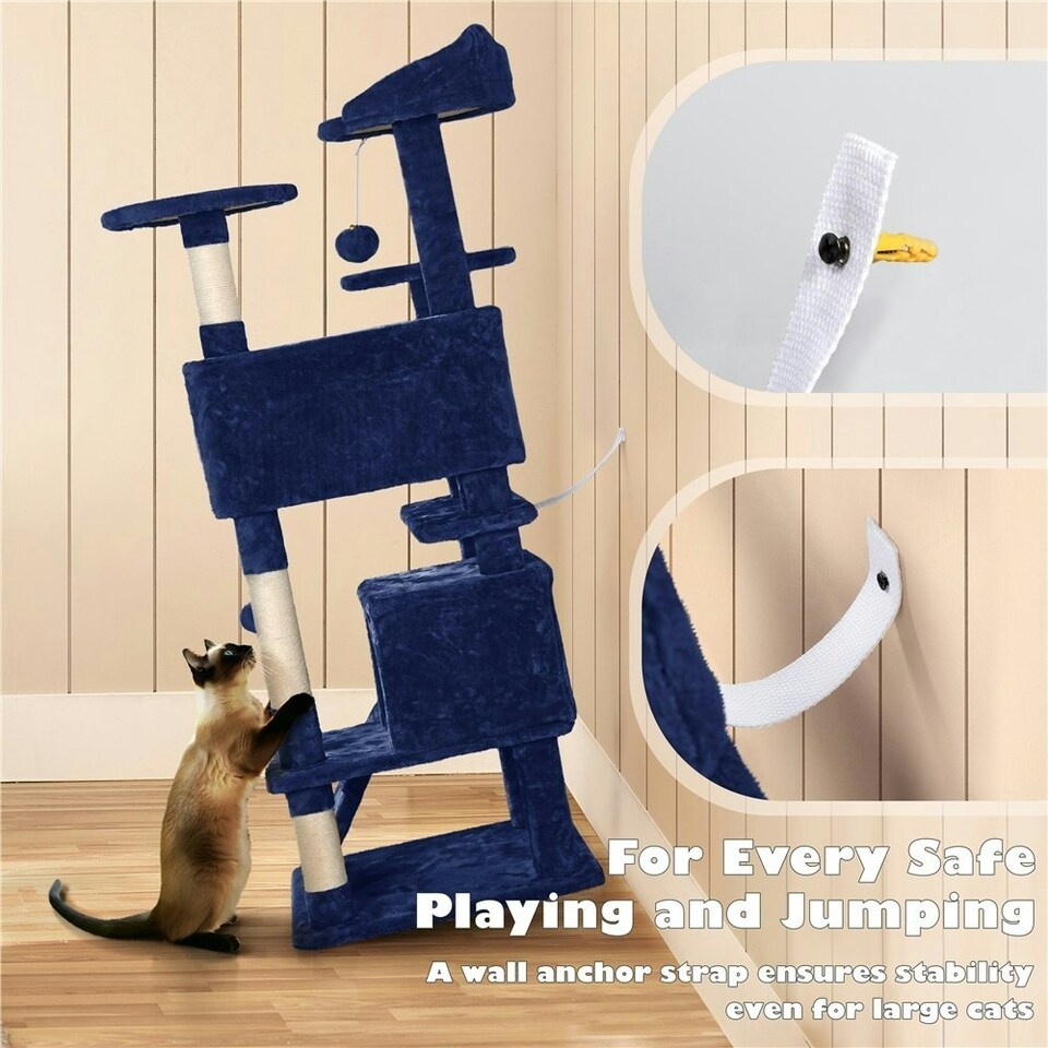 image 1 of Yaheetech 137cm Tall Cat Tree with Scratching Posts Navy Blue