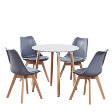 5PCs Dining Set - a White Round Dining Table & Set of 4 White Lorenzo Tulip chairs with Padded Seat | Grey
