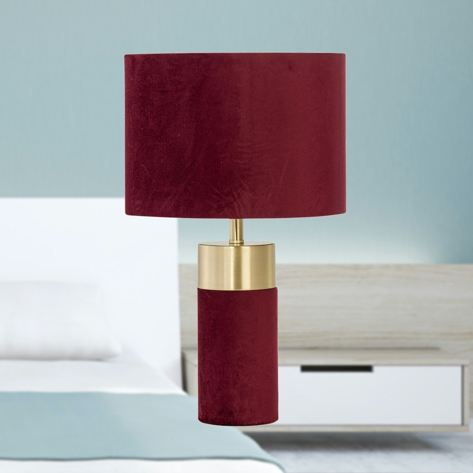 image 1 of Set of 2 Burgundy Velvet with Brass Detail Table Lamps Purple | Purple