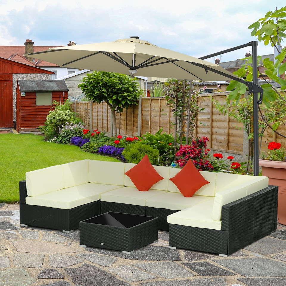 image 1 of Outsunny 7 Pieces PE Rattan Garden Furniture Set with Thick Padded Cushion, Patio Garden Corner Sofa Sets with Glass Coffee Table and Pillows, Buckle Structure, Black