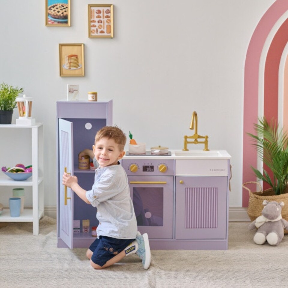 image 1 of Teamson Kids Little Chef Chester Play Kitchen in Purple with Fridge, Stove, 12 Accessories, Shelves & Hooks