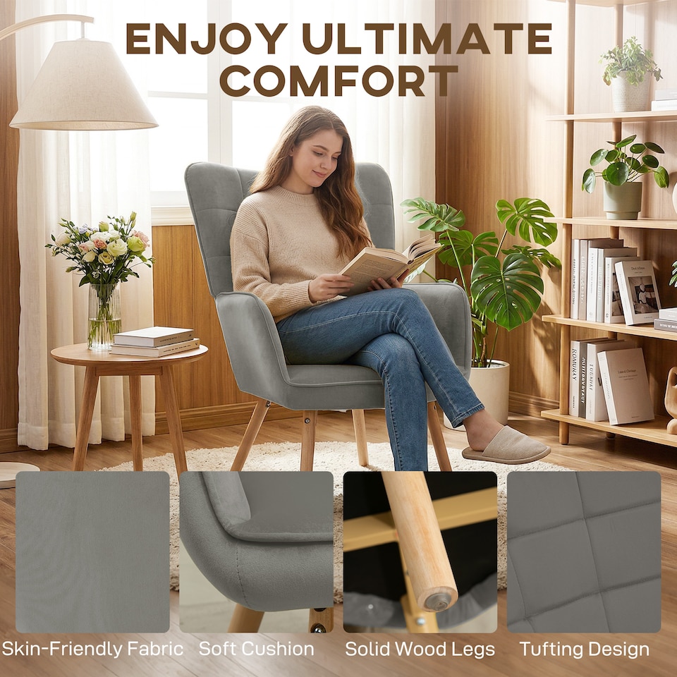 image 1 of HOMCOM Upholstered Tufted Wingback Armchair with Seat Padding, Grey