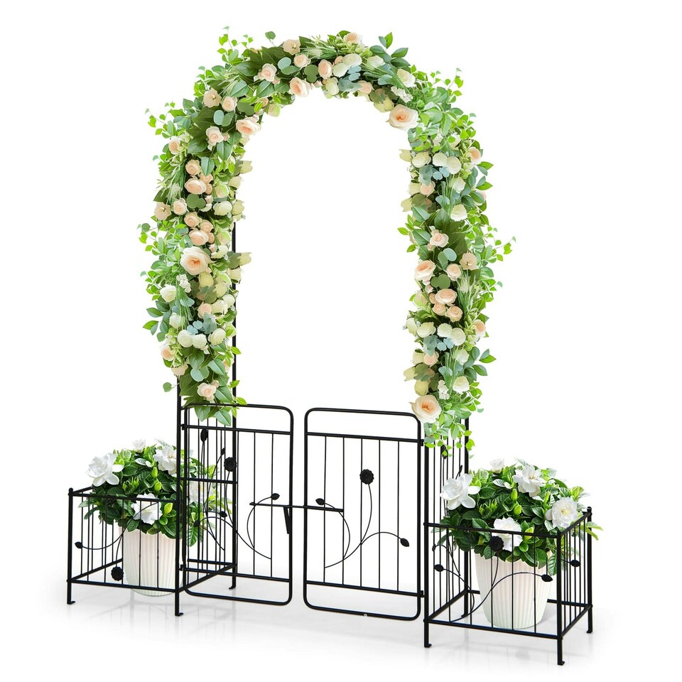 image 1 of COSTWAY Metal Garden Arbor Arch Trellis with 2 Side Planters