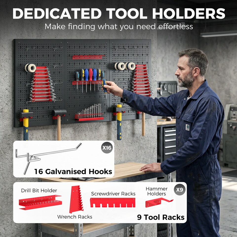 image 1 of HOMCOM 28 Pcs Wall-Mounted Pegboard with Hooks and Storage Shelves