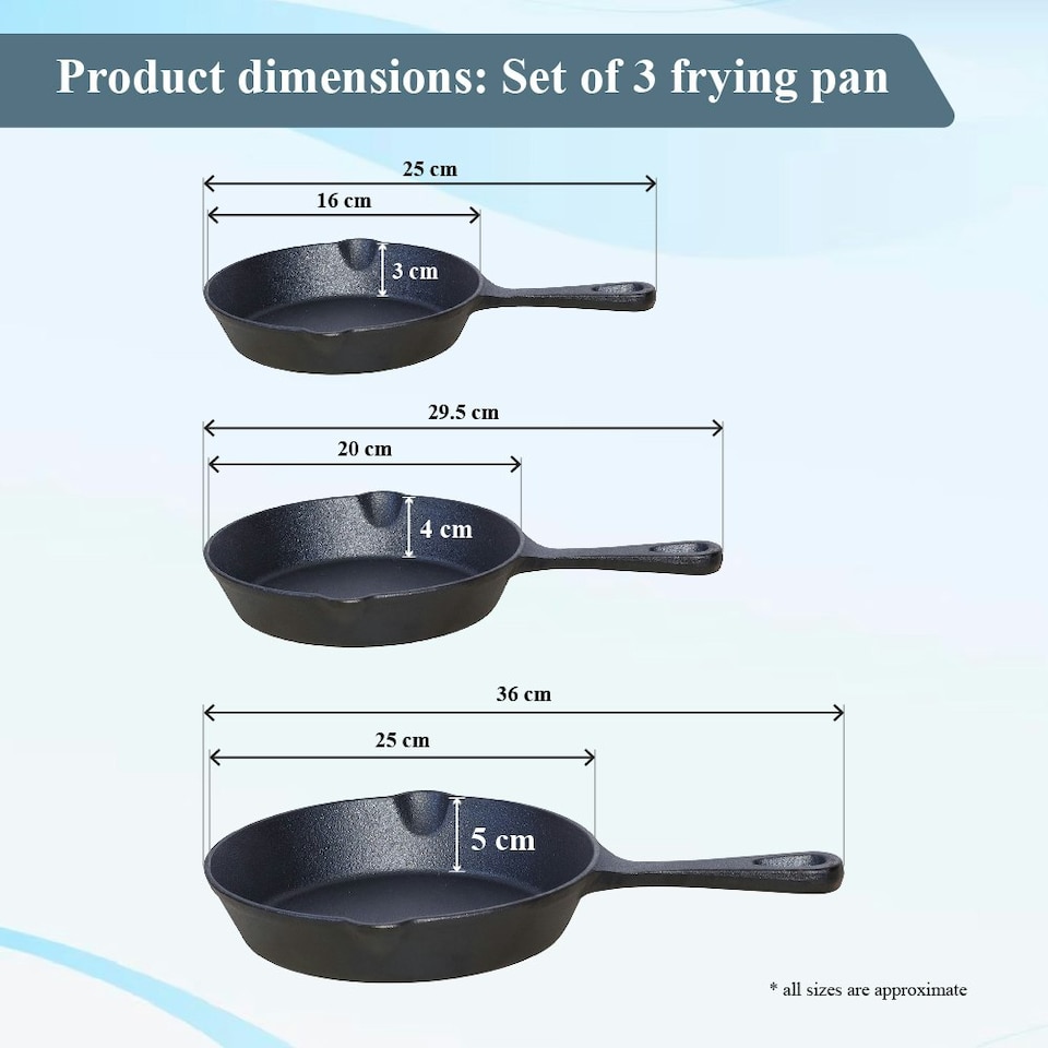 image 1 of Buckingham Pre-Seasoned Cast Iron Set of 3 Frying Skillet Pan 16 , 20 and 25 cm
