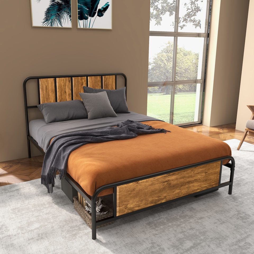 image 1 of HOMCOM 4.8ft Double Bed Frame with Industrial Wood Headboard, Steel Slat Support and 25.5cm Underbed Storage Space, 145 x 197cm, Rustic Brown