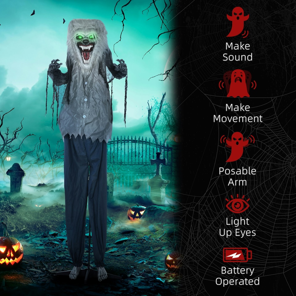 image 1 of HOMCOM Halloween Skeleton Werewolf Animatronic Prop with Light Up Eyes