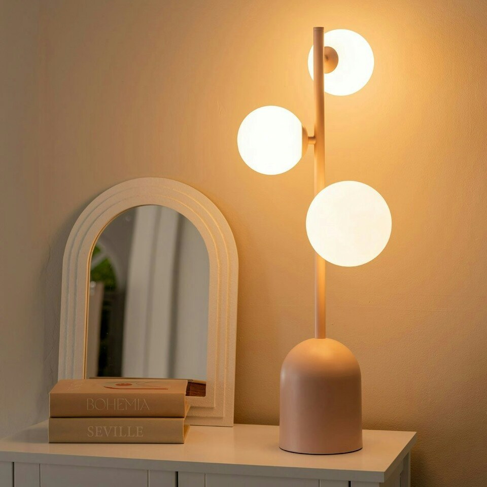 image 1 of ValueLights Marlow Pink 3 Way Table Lamp with Small White Globe Shades