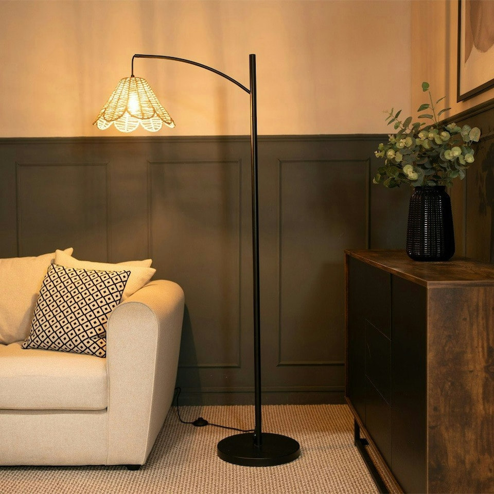 image 1 of ValueLights Preto Black Metal Curve Stem Floor Lamp with a Rattan Wicker Scalloped Edge Shade