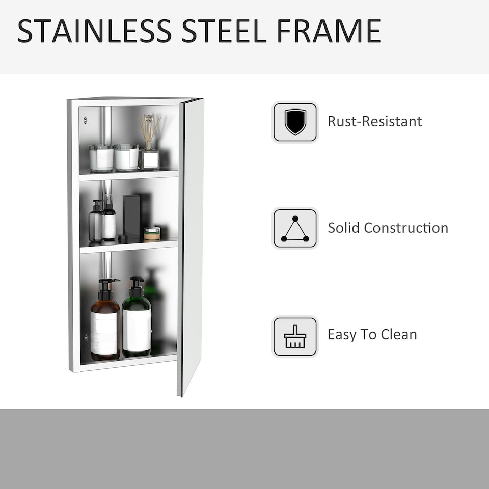 image 1 of HOMCOM Bathroom Corner Wall Mirror Storage Cabinet Cupboard Stainless Steel
