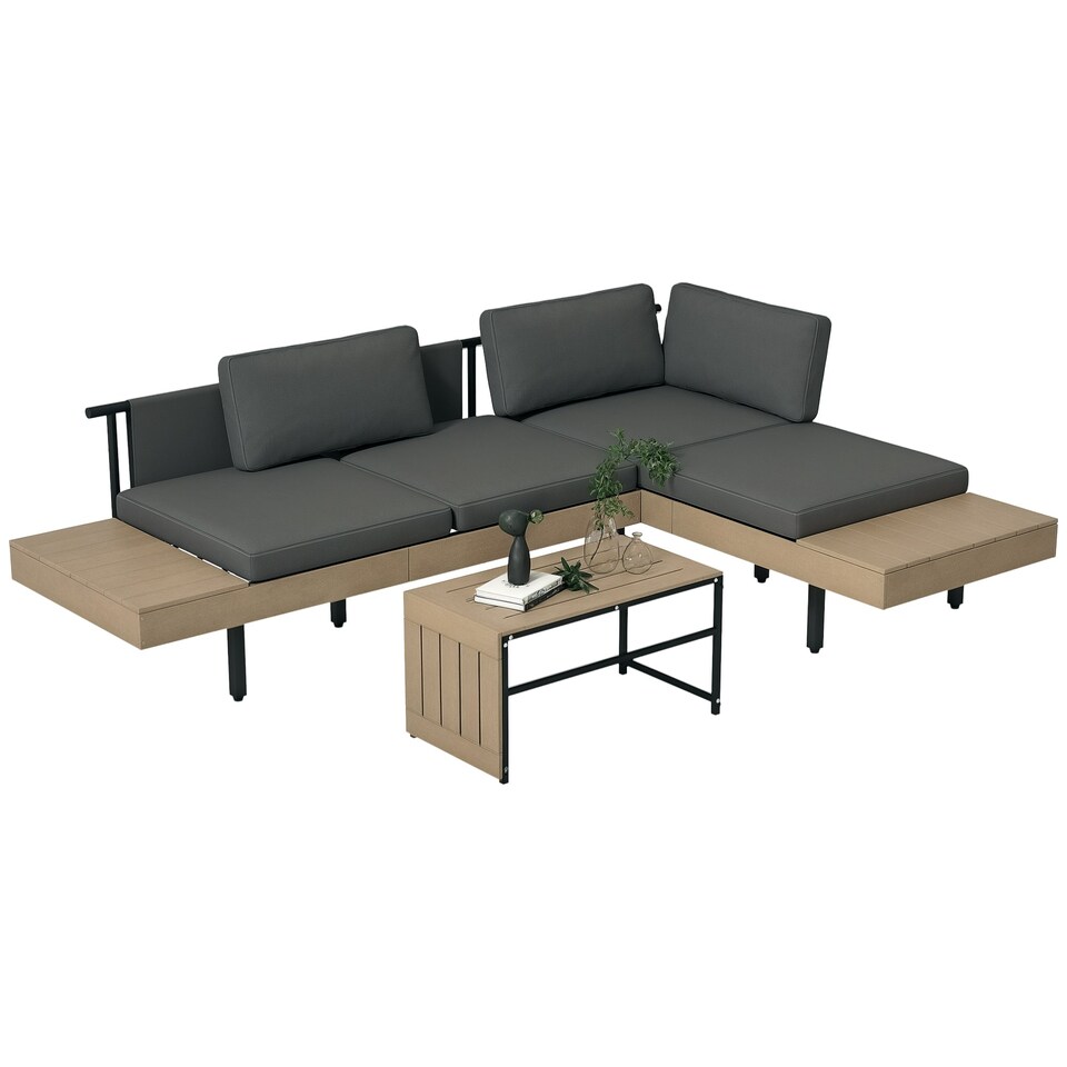 image 1 of Outsunny HDPE Garden Furniture Sets with Cushions, Table, L-Shaped Sofa, Grey