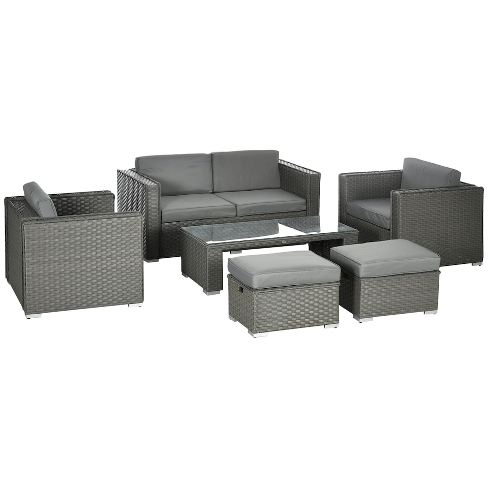 image 1 of Outsunny 6pc Garden Furniture Set Rattan Sofa Outdoor Wicker Table Ottoman Stool