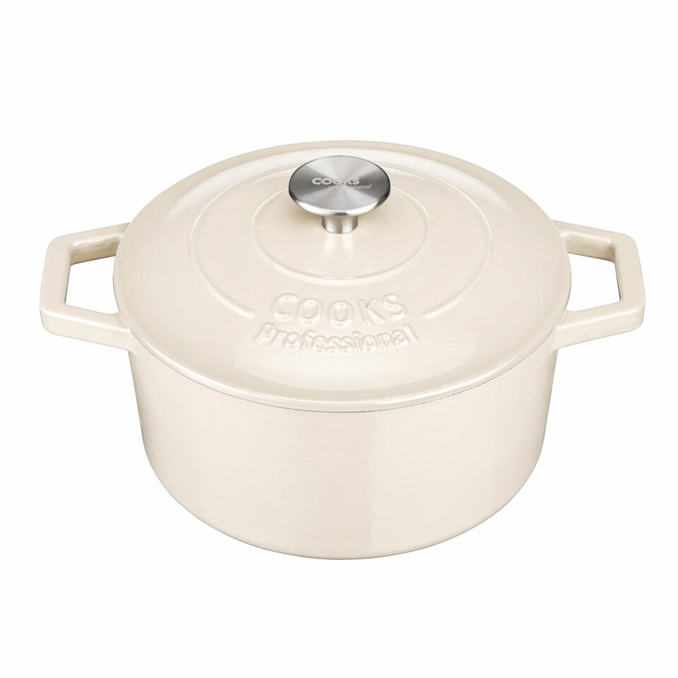 image 1 of Cooks professional Cast Iron Casserole Dish 20cm - Ovenproof Pan with Lid | White | Ivory