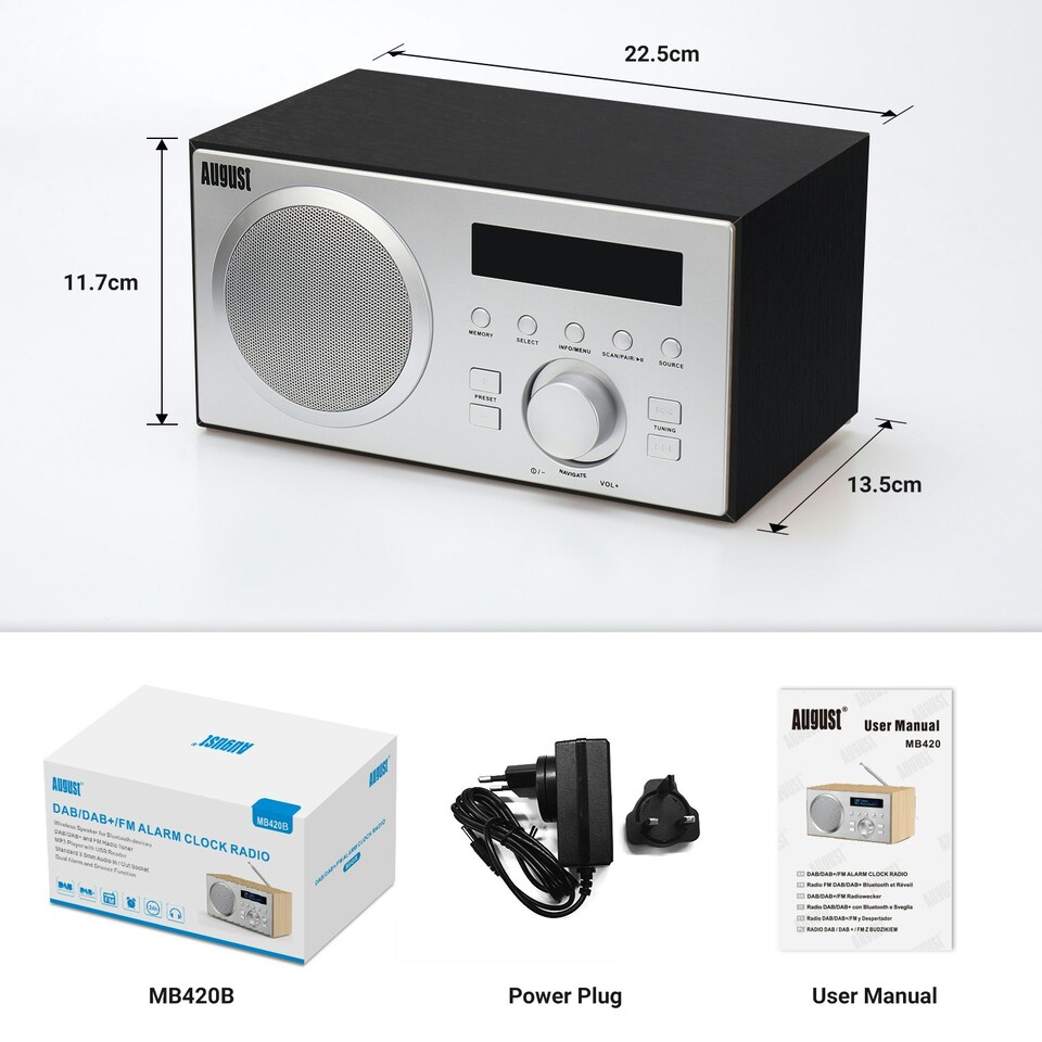 image 1 of DAB/DAB+/FM Radio Dual Mode Alarm Clock Bluetooth Speaker - August MB420B