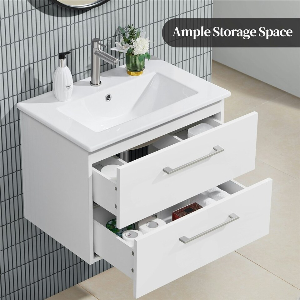 image 1 of Yaheetech Floating Storage Vanity with Ceramic Basin White