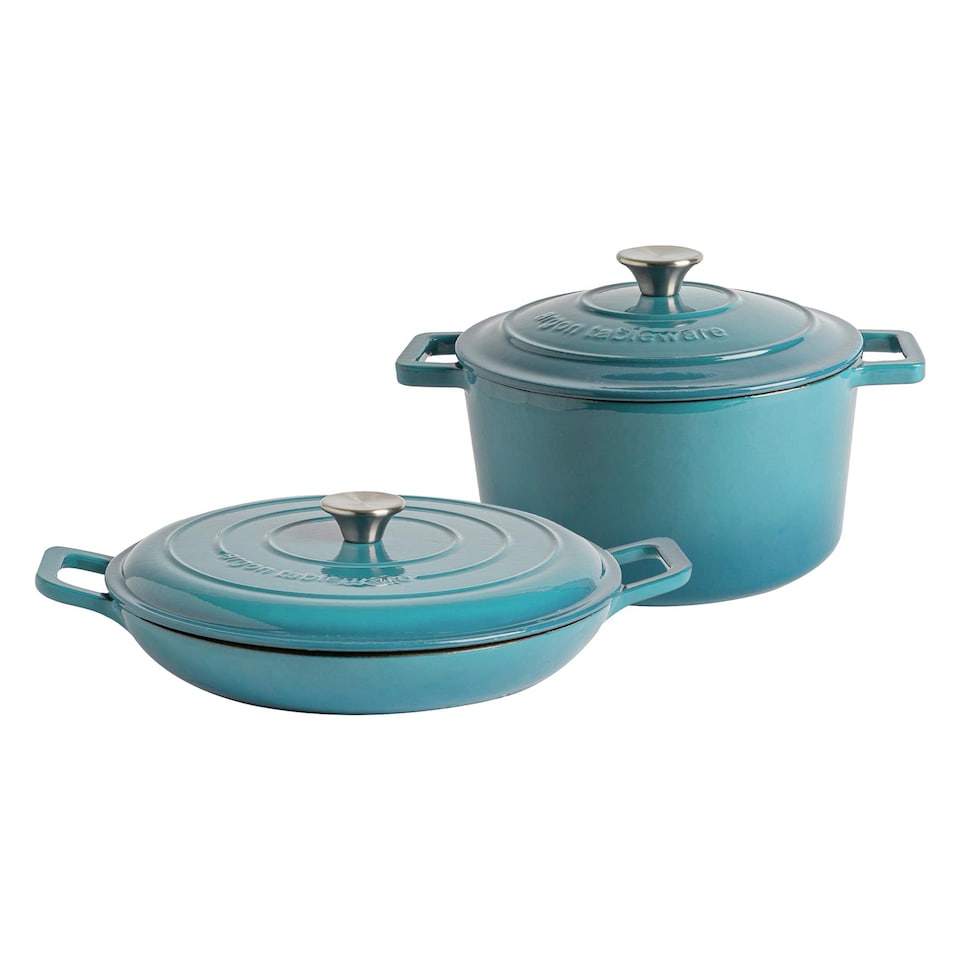 image 1 of Argon Tableware 2pc Shallow Cast Iron Casserole Dish Set - 2.3L/4.68L - Teal Ombre | Blue | Teal Ombre | 2