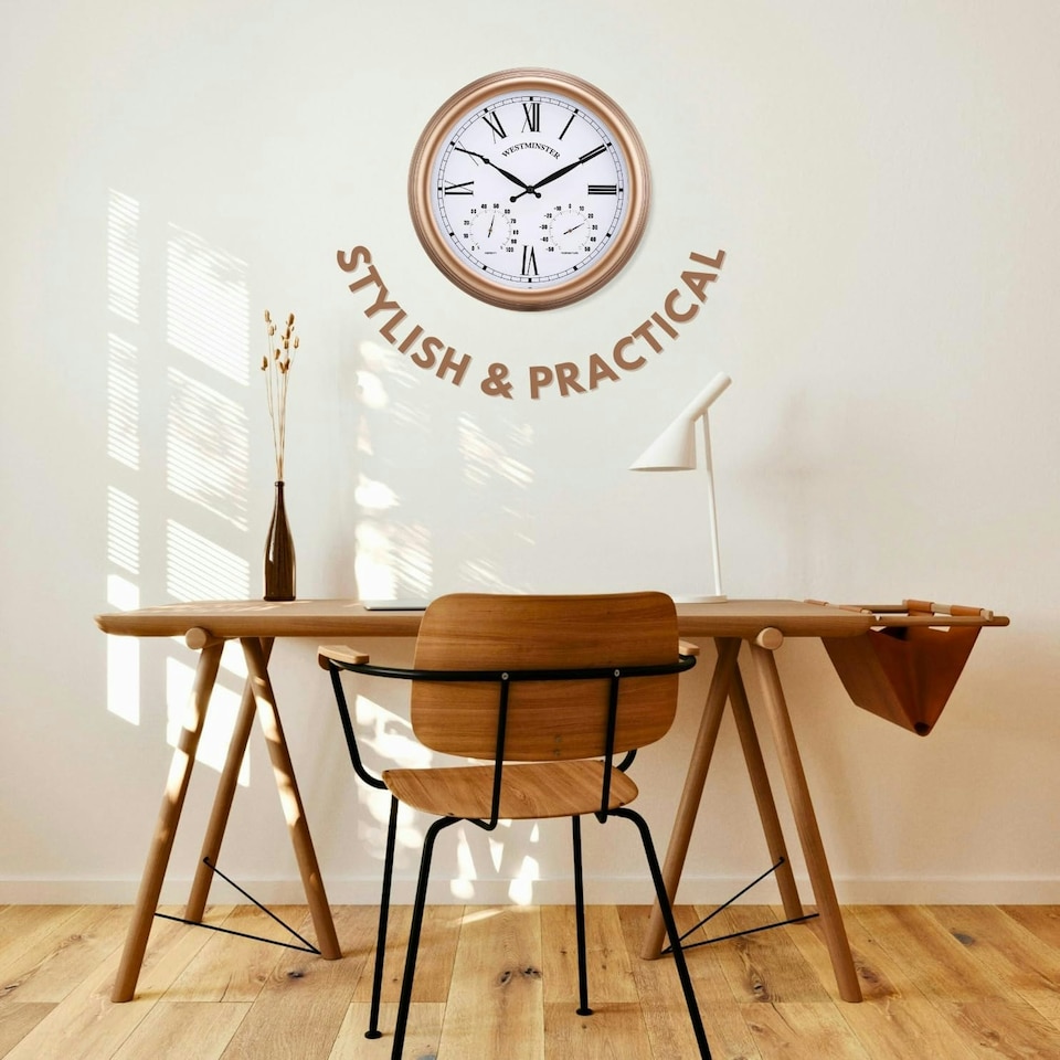 image 1 of Marco Paul 38cm Gold Wall Clock and Thermometer Gold