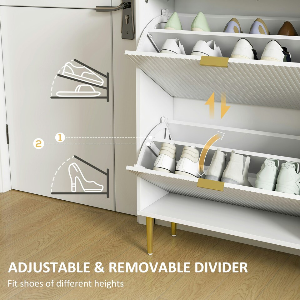 image 1 of HOMCOM Slim Shoe Storage Cabinet with 3 Flip Drawers for Hallway White | Gold | 60W x 24D x 128H cm