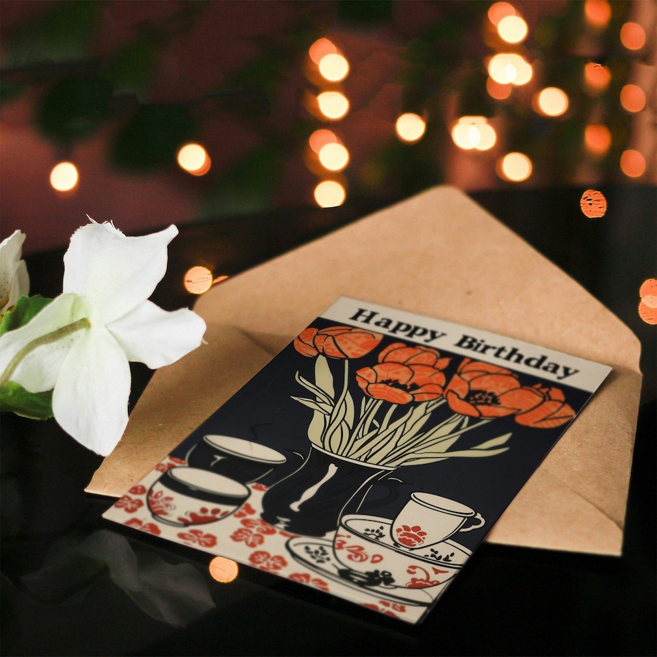 image 1 of Red Tulip Bouquet China Tea Set Vintage Her Birthday Card