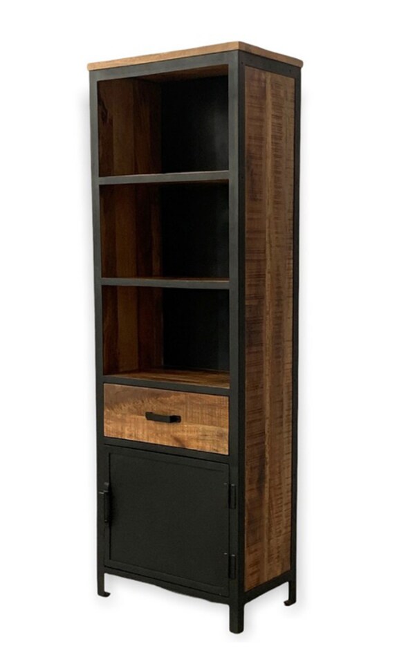 image 1 of Induse 1 Drawer Large Bookcase - Mango Wood/Iron - L37 x W65 x H190 cm - PP Sawn Finish | Brown