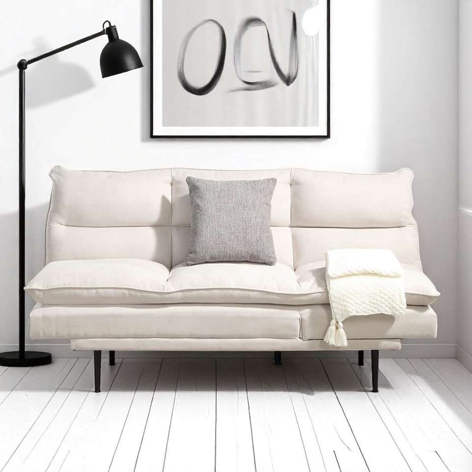 image 1 of Sennen Cushion Padded Fabric 3 Seater Large Single Clic-Clac Sofa Bed | Cream | Natural | Three Seater