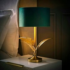 ValueLights Christina Green Velvet with Gold Inner Drum Shade Gold Palm Leaf Table Lamp Gold