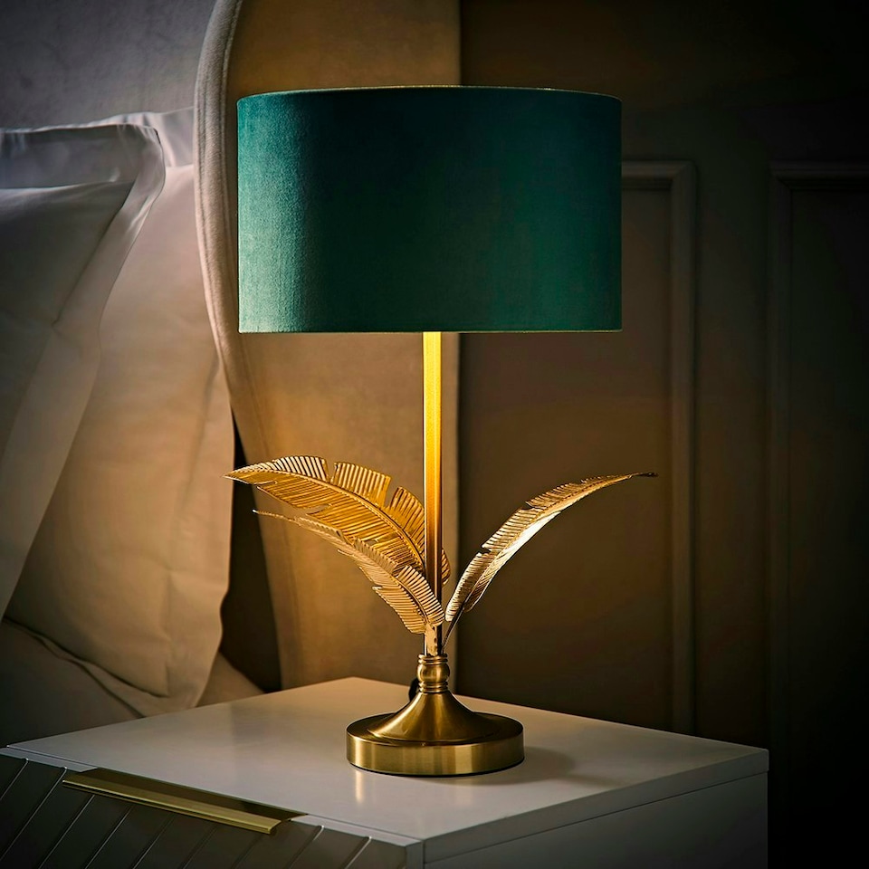 image 1 of ValueLights Christina Green Velvet with Gold Inner Drum Shade Gold Palm Leaf Table Lamp Gold