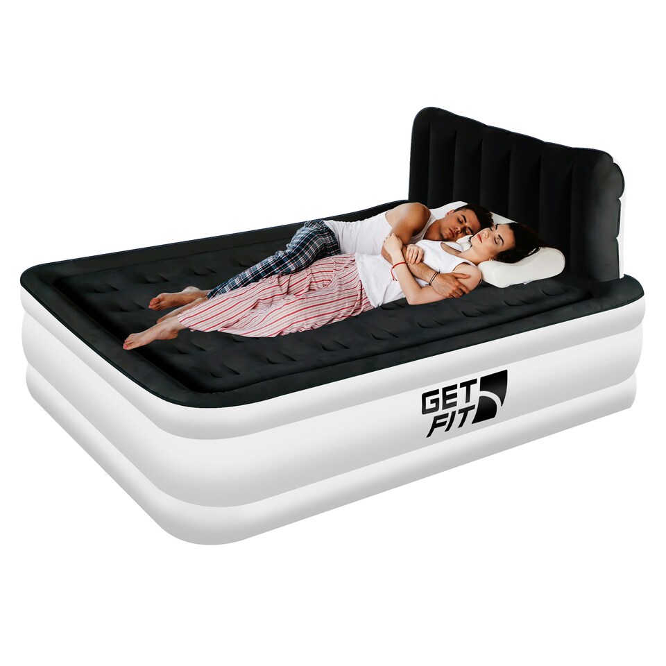 image 1 of Get Fit Air Bed With Built In Electric Pump - King Airbed Blow Up Bed With Headboard, 2 Free Inflatable Pillows - Elevated Inflatable Air Mattress - White/Black