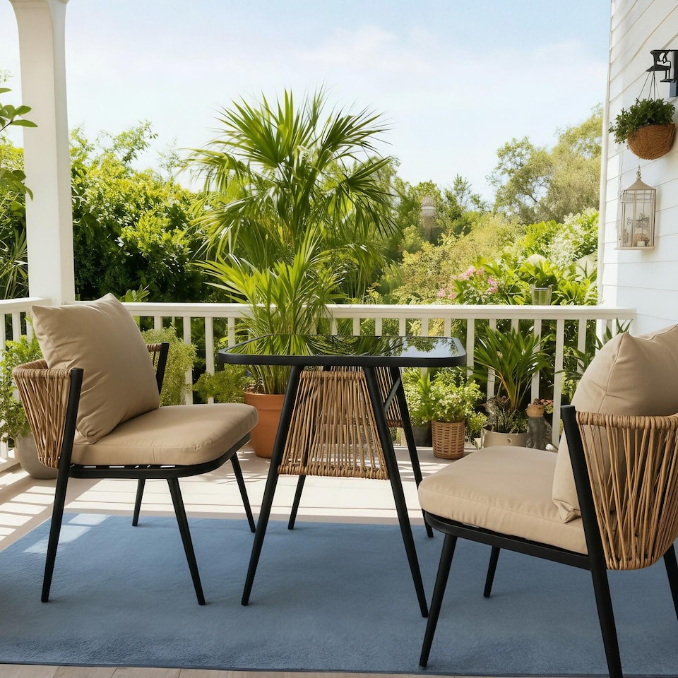 image 1 of Valena Patio Garden Bistro Set 3 Piece Rattan Outdoor Furniture Table & Chairs
