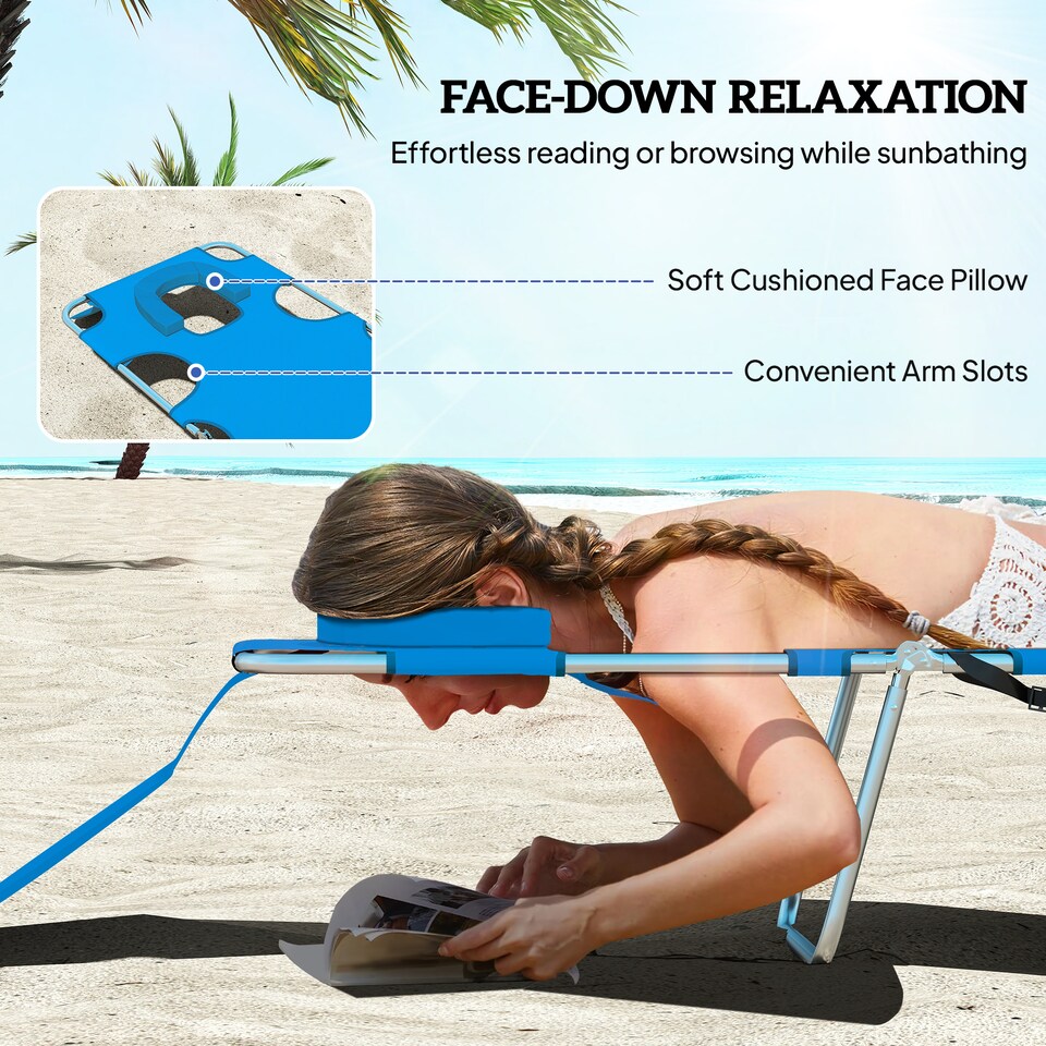 image 1 of Outsunny Sun Lounger with Reading Hole, Folding Garden Lounger, Blue