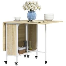 HOMCOM Mobile Drop Leaf Dining Table on Wheels with Storage Shelf Natural