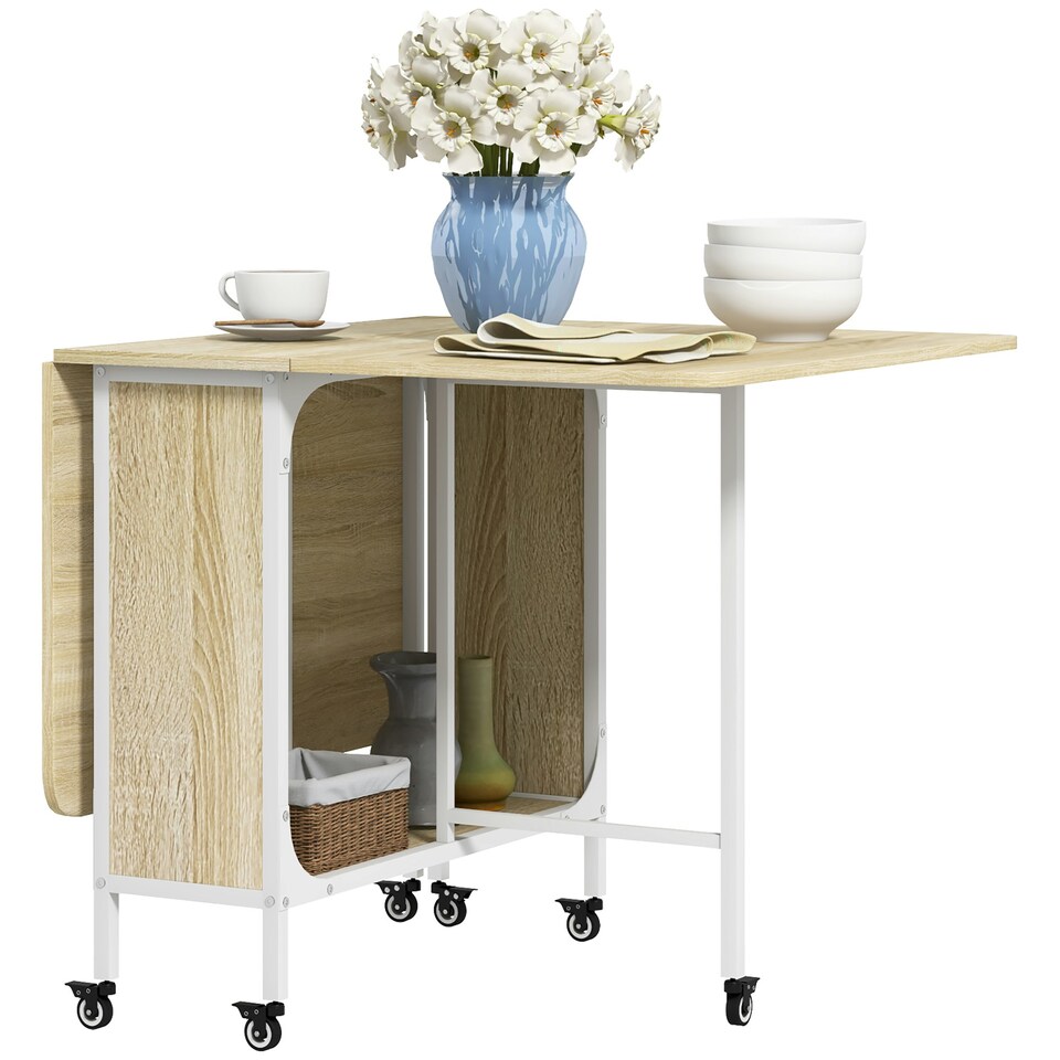 image 1 of HOMCOM Mobile Drop Leaf Dining Table on Wheels with Storage Shelf Natural