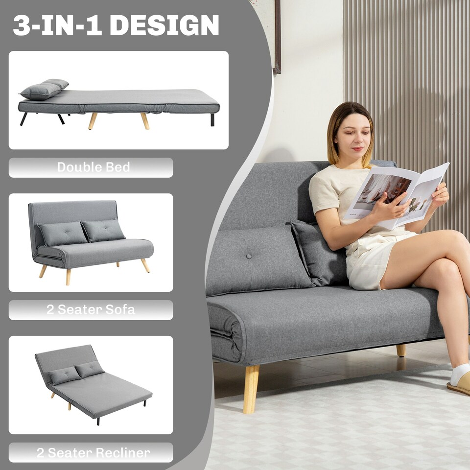 image 1 of HOMCOM Click Clack Sofa Bed, 2-Seater Bed Settee for Living Room, Grey