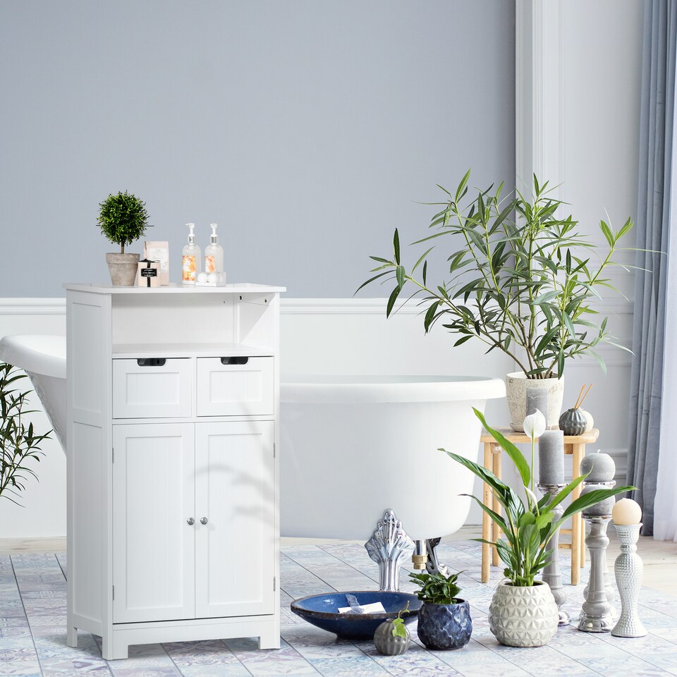 image 1 of kleankin Bathroom Cabinet, Free Standing Bathroom Storage Cabinet with 2 Drawers and Adjustable Shelf, Small Bathroom Storage Unit, White