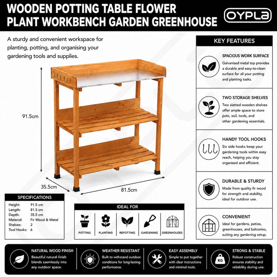 image 1 of Wooden Potting Table Flower Plant Workbench Garden Greenhouse | Brown